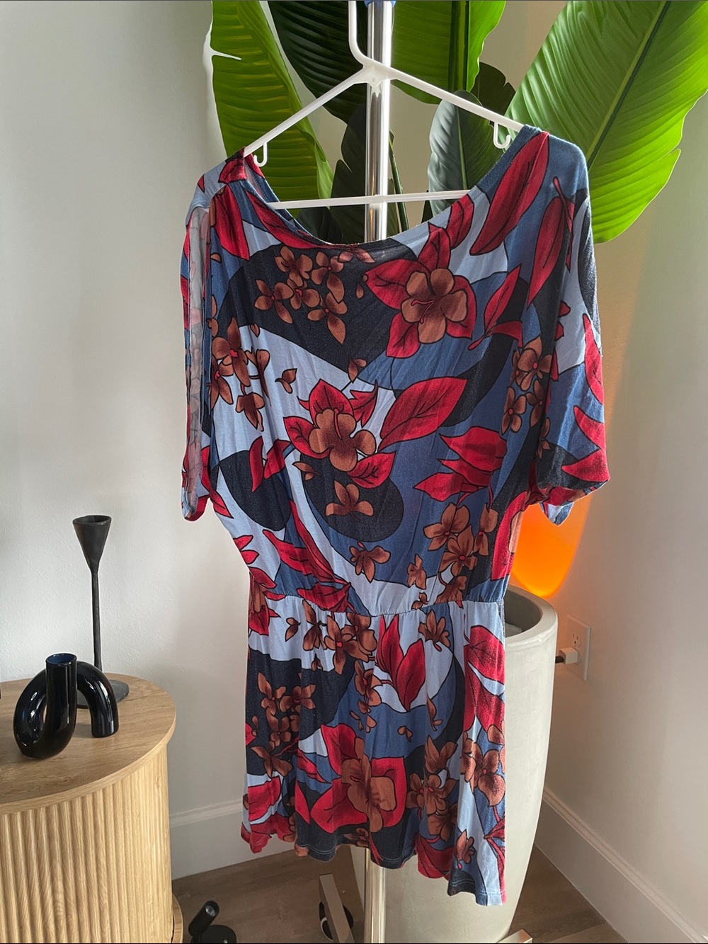 Blue Floral Short Dress with Red Accents